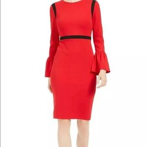 CALVIN KLEIN Womens Red Striped Bell Sleeve Knee Length Evening Sheath Dress 4